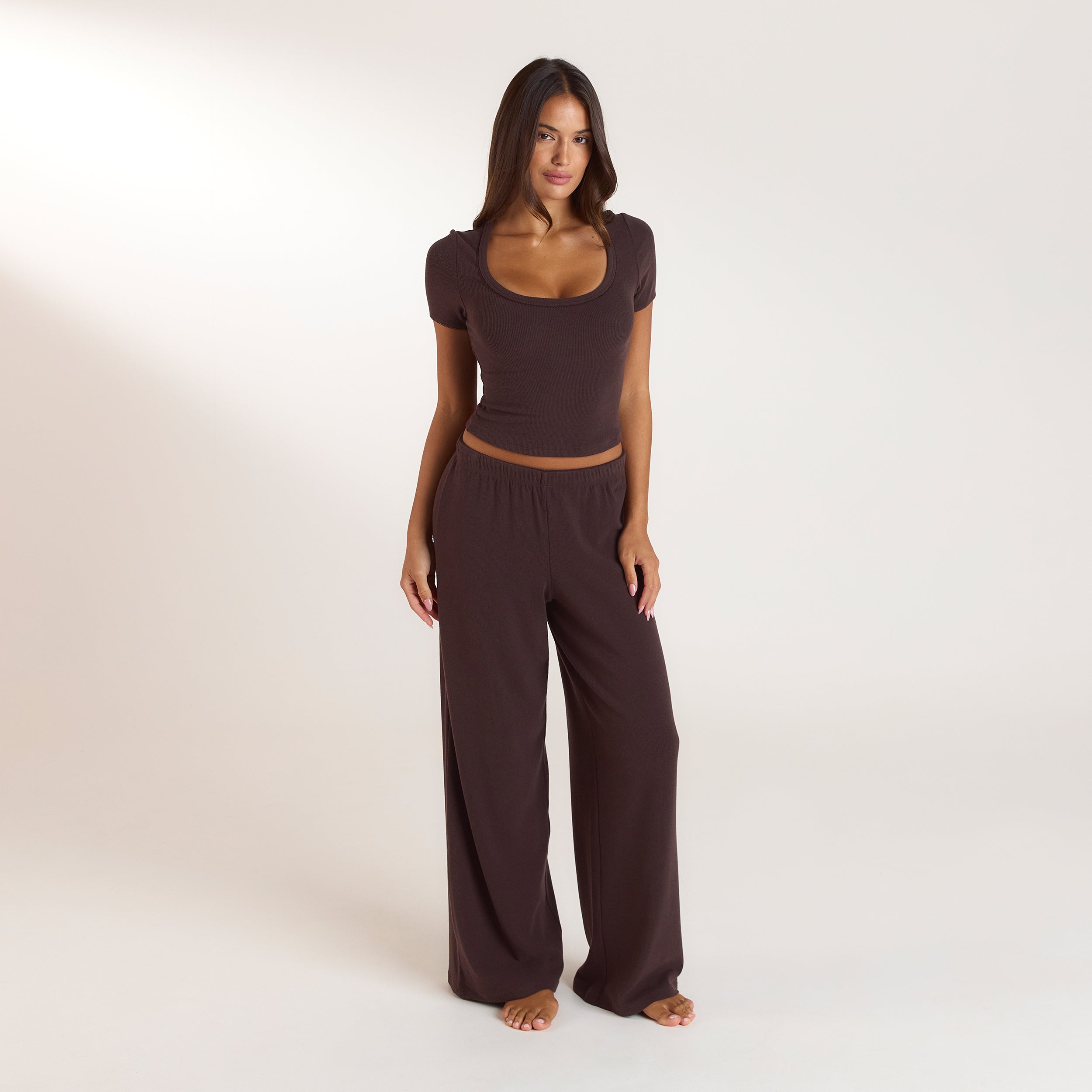 Ribbed Short-Sleeve Pajama Top - Dark Chocolate alternate
