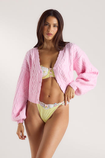 Heart Cable-Knit Cardigan - Pink