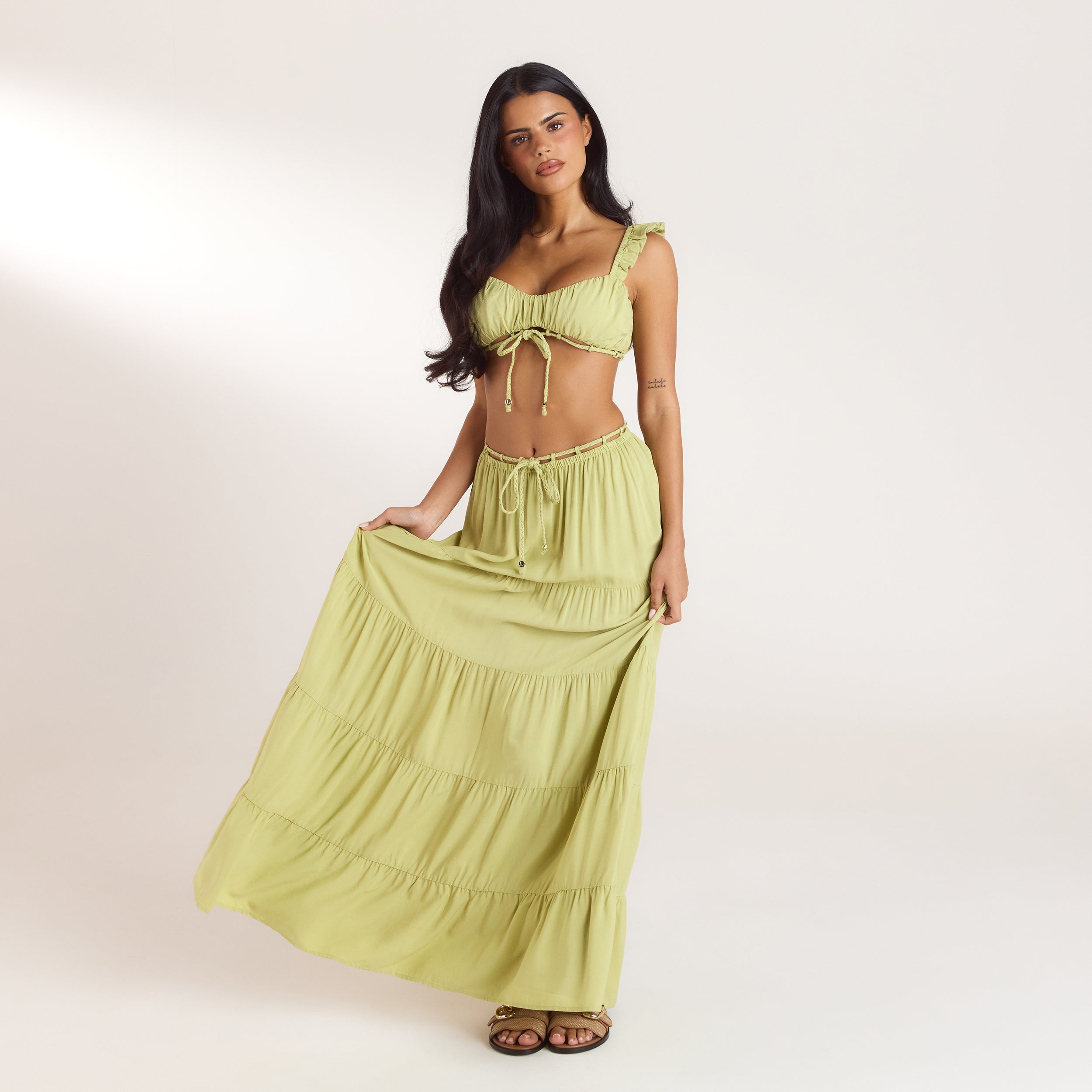 Ruched Bralette & Maxi Skirt Co-Ord | Ruched Bralette (Set) - Washed Lime