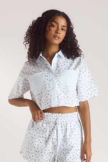 Bloom & Stripe Short-Sleeved Pyjama Shirt - Blue