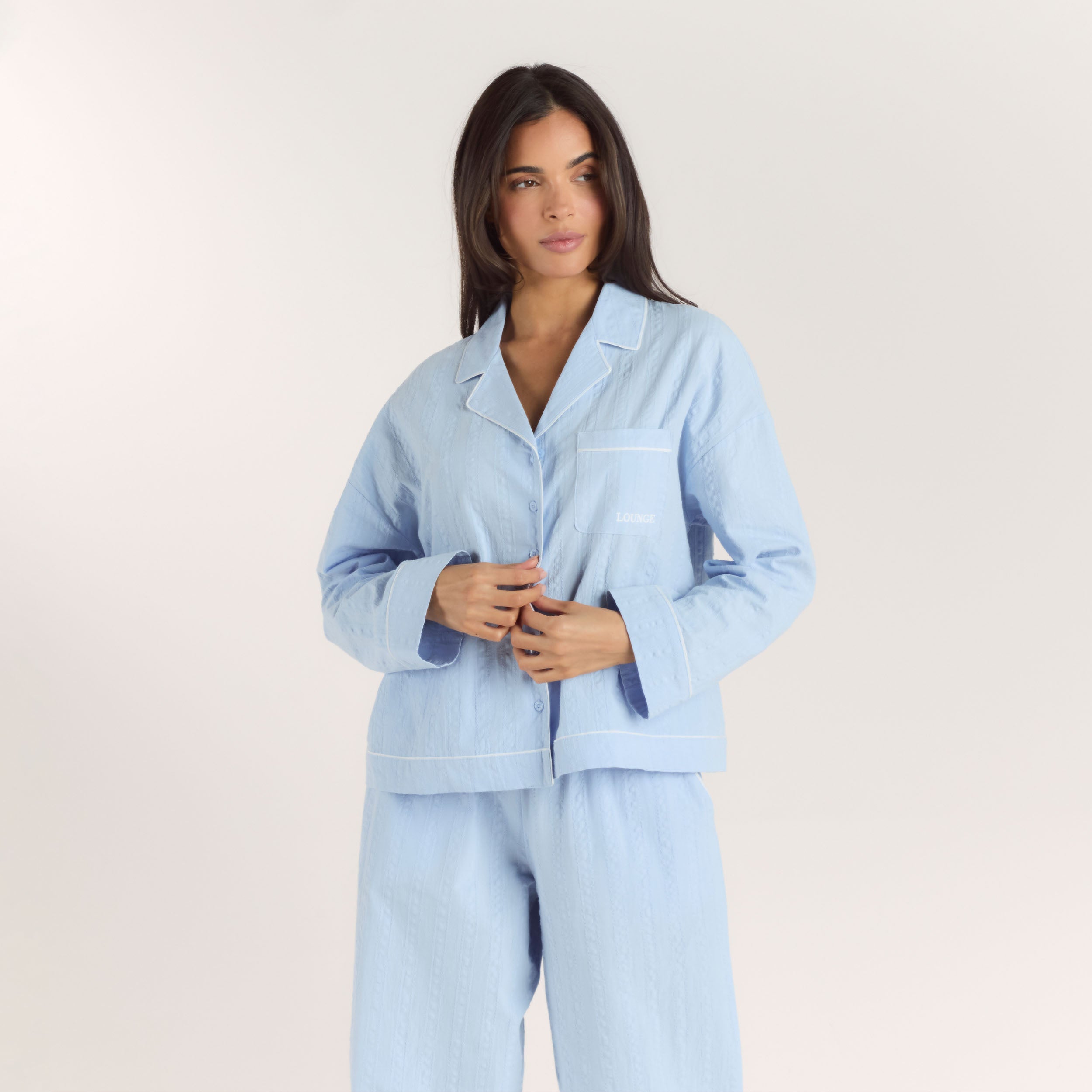 Textured Cotton Pajama Shirt - Blue
