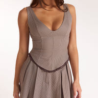 Cinched V-Neck Top - Brown Check