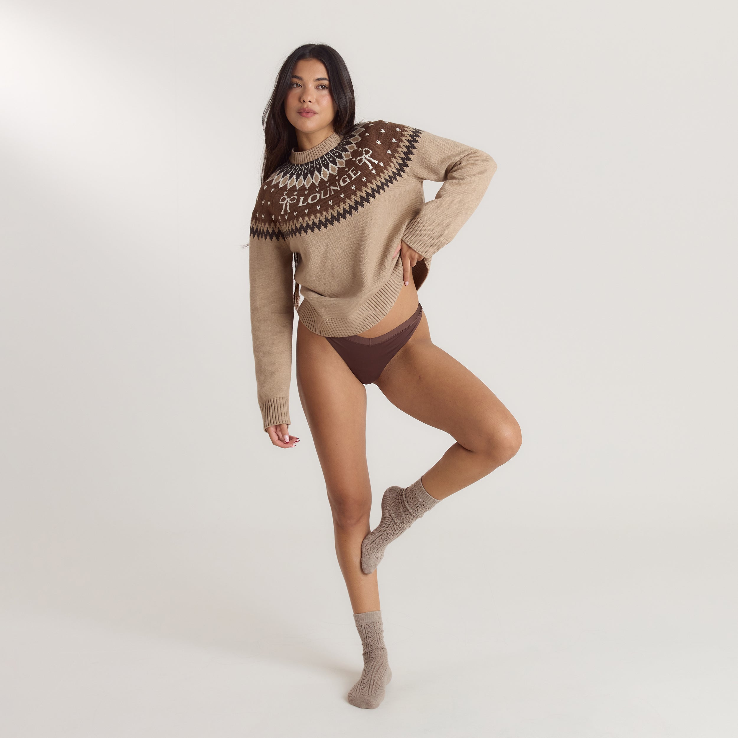 Fairisle Knitted Jumper - Brown/Cream alternate