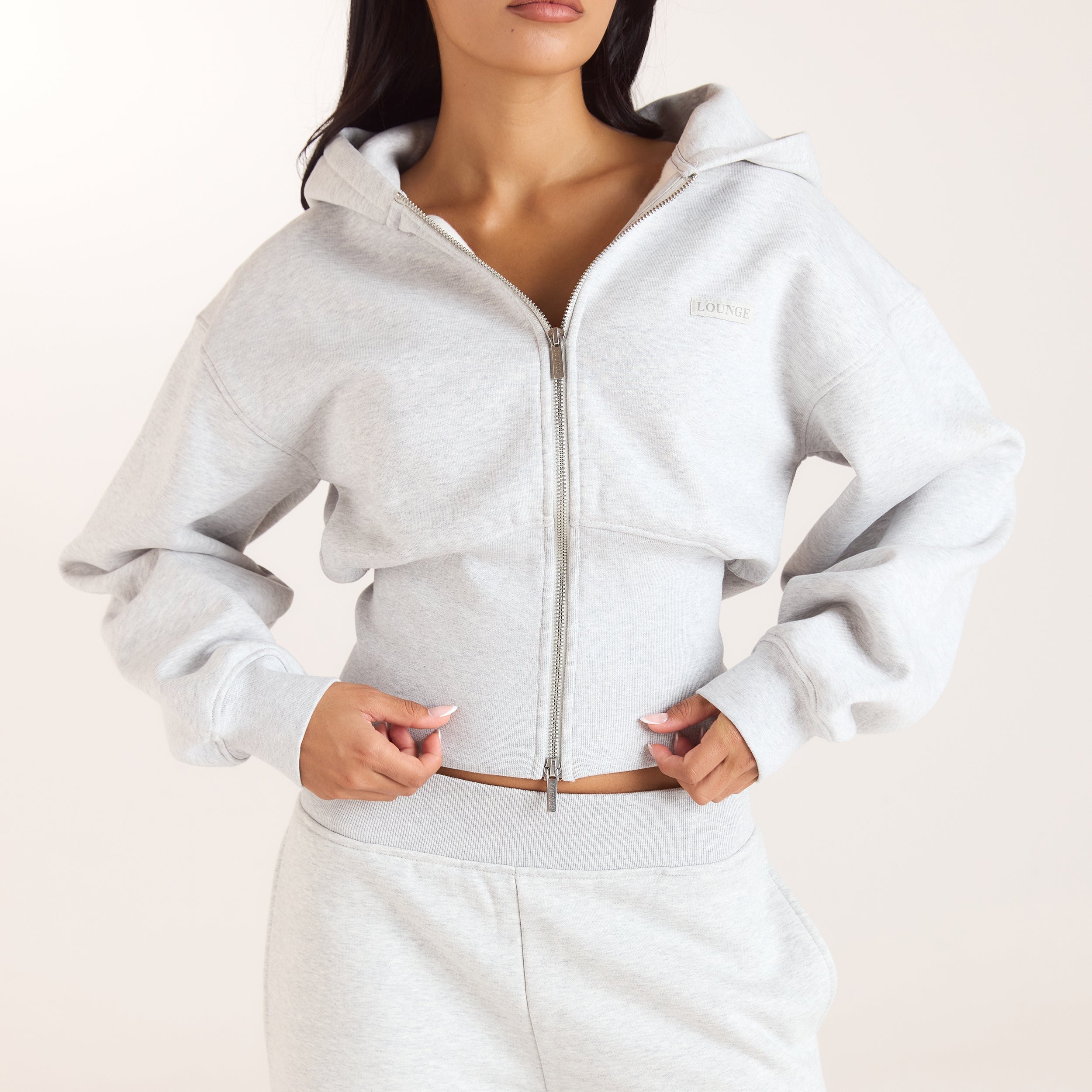 Fitted-Waist Zip-Up Hoodie - Grey