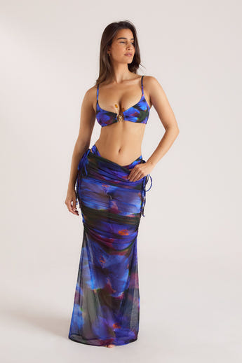 Midnight Tropics Printed Mesh Maxi Skirt - Midnight Blue