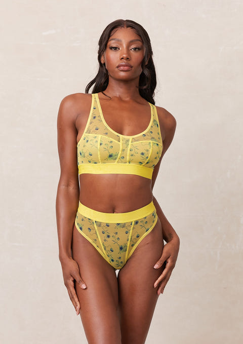Floral Mesh Bralette & Thong Set - Yellow – Lounge Underwear