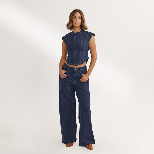 Dipped-Waist Wide-Leg Jeans - Indigo Blue alternate