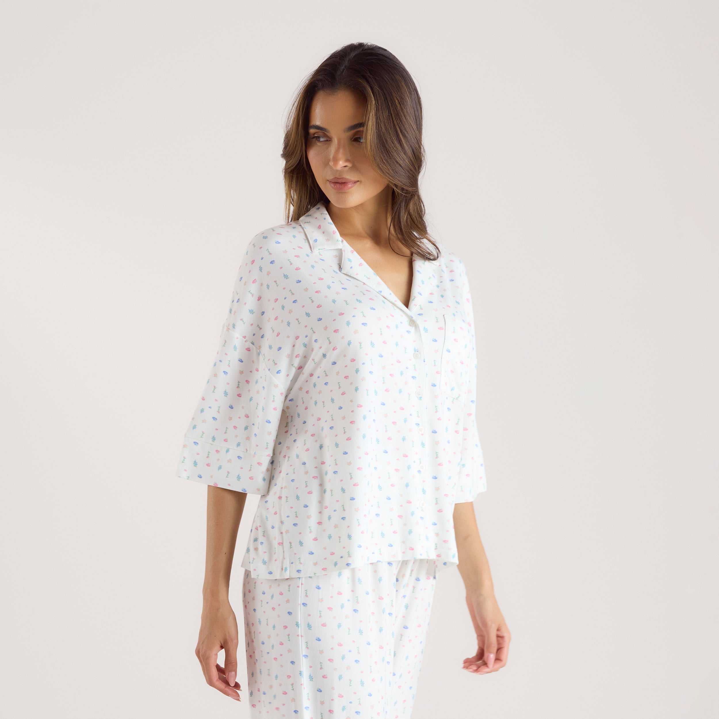 Modal Short Sleeve Pajama Shirt | Modal Short Sleeve Pajama Shirt - White Floral