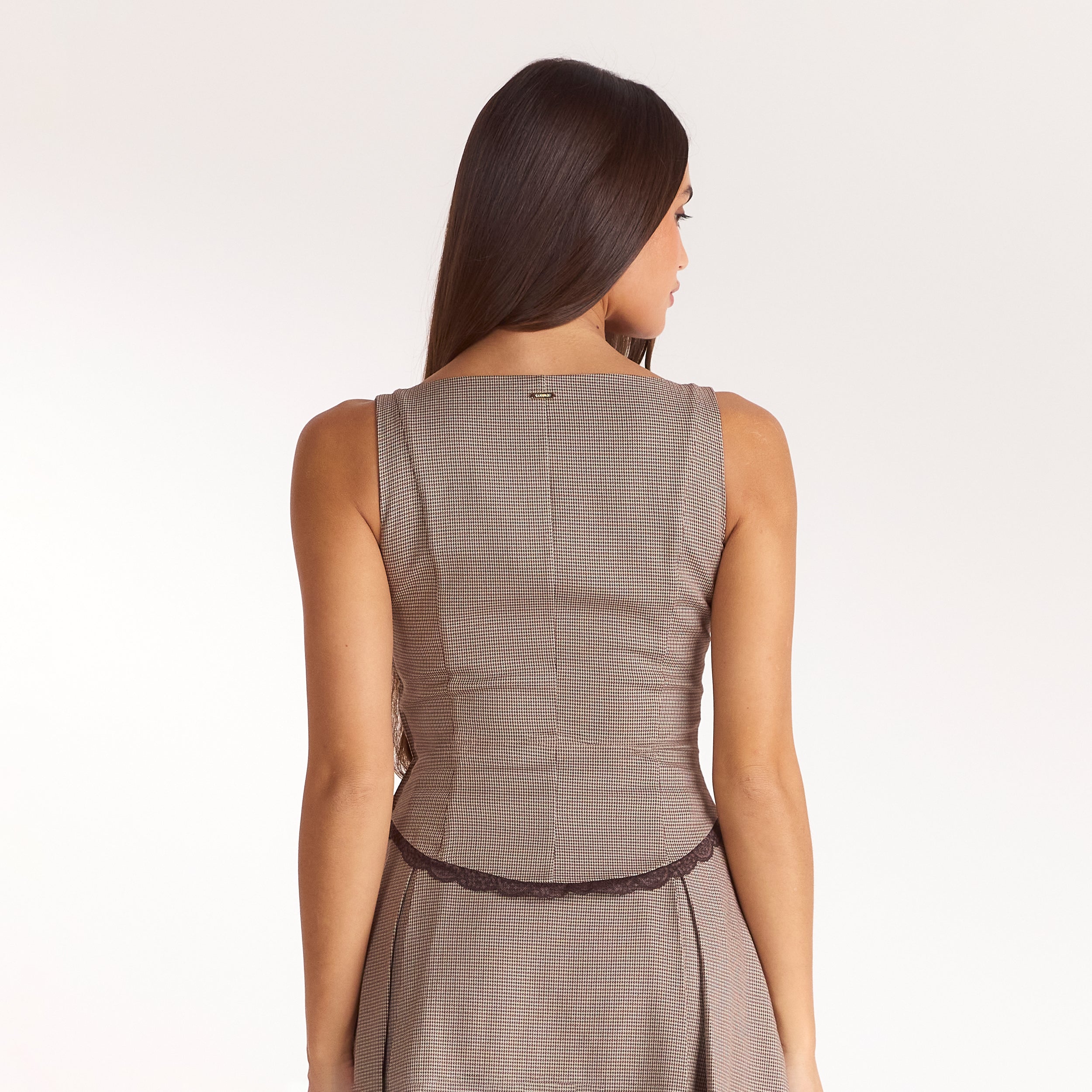 Cinched V-Neck Top - Brown Check alternate