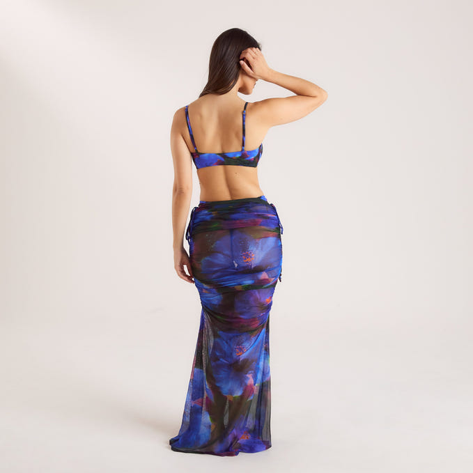 Midnight Tropics Printed Mesh Maxi Skirt - Midnight Blue