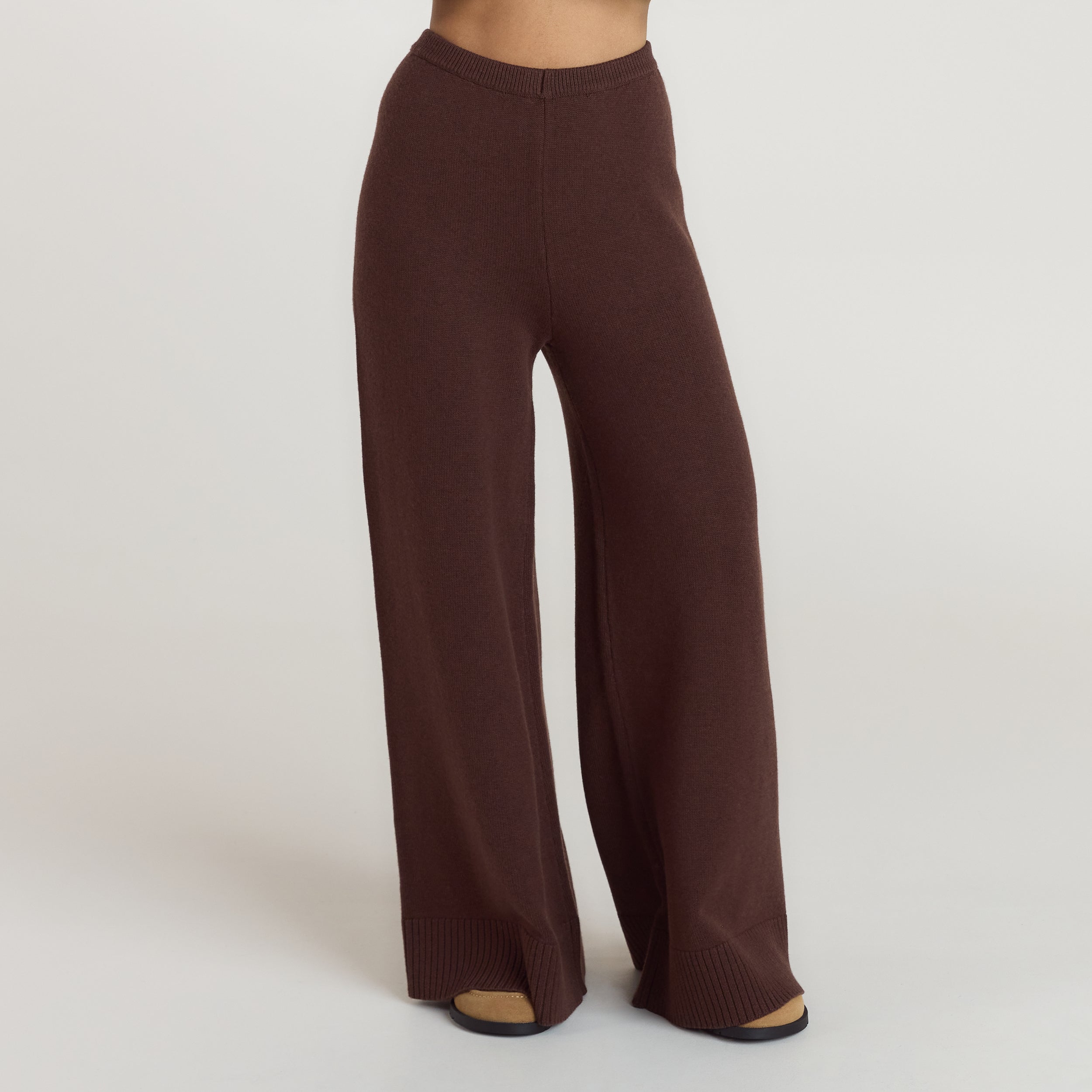 Ribbed Hem Knitted Pants | Ribbed Hem Knitted Trousers - Chocolate
