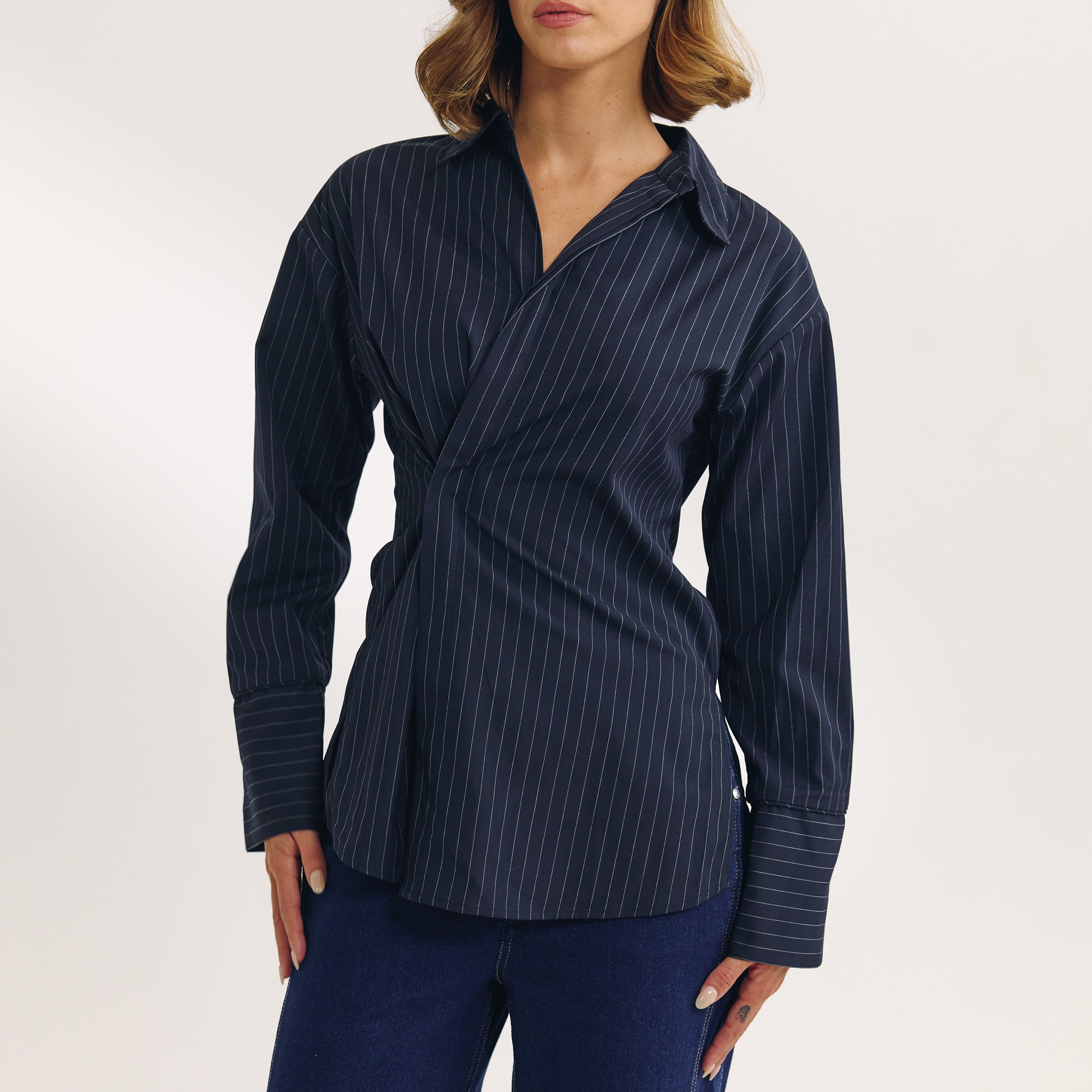 Asymmetric Shirt | Asymmetric Shirt - Navy Pinstripe