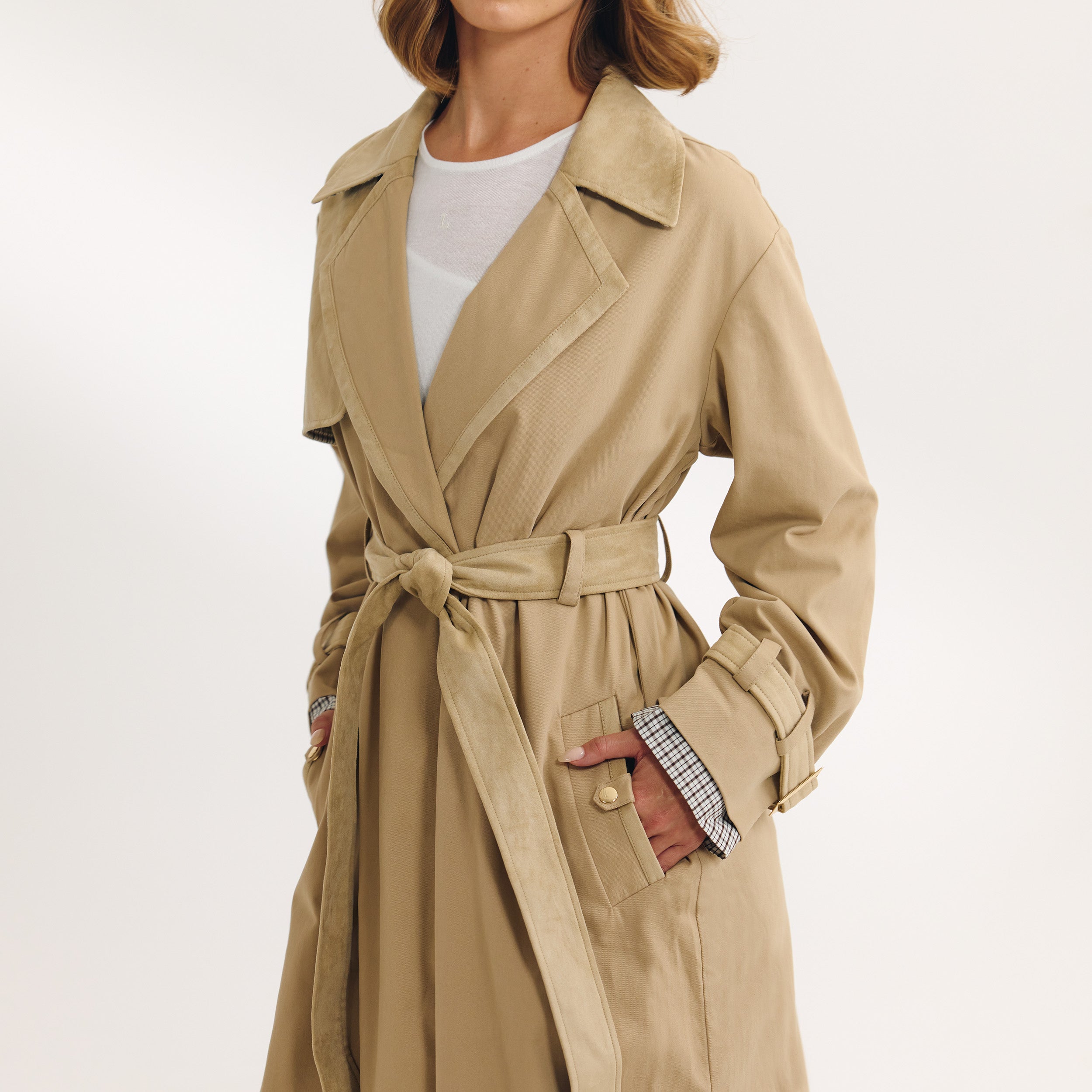 Suedette Trim Trench Coat | Suedette Trim Trench Coat - Sand