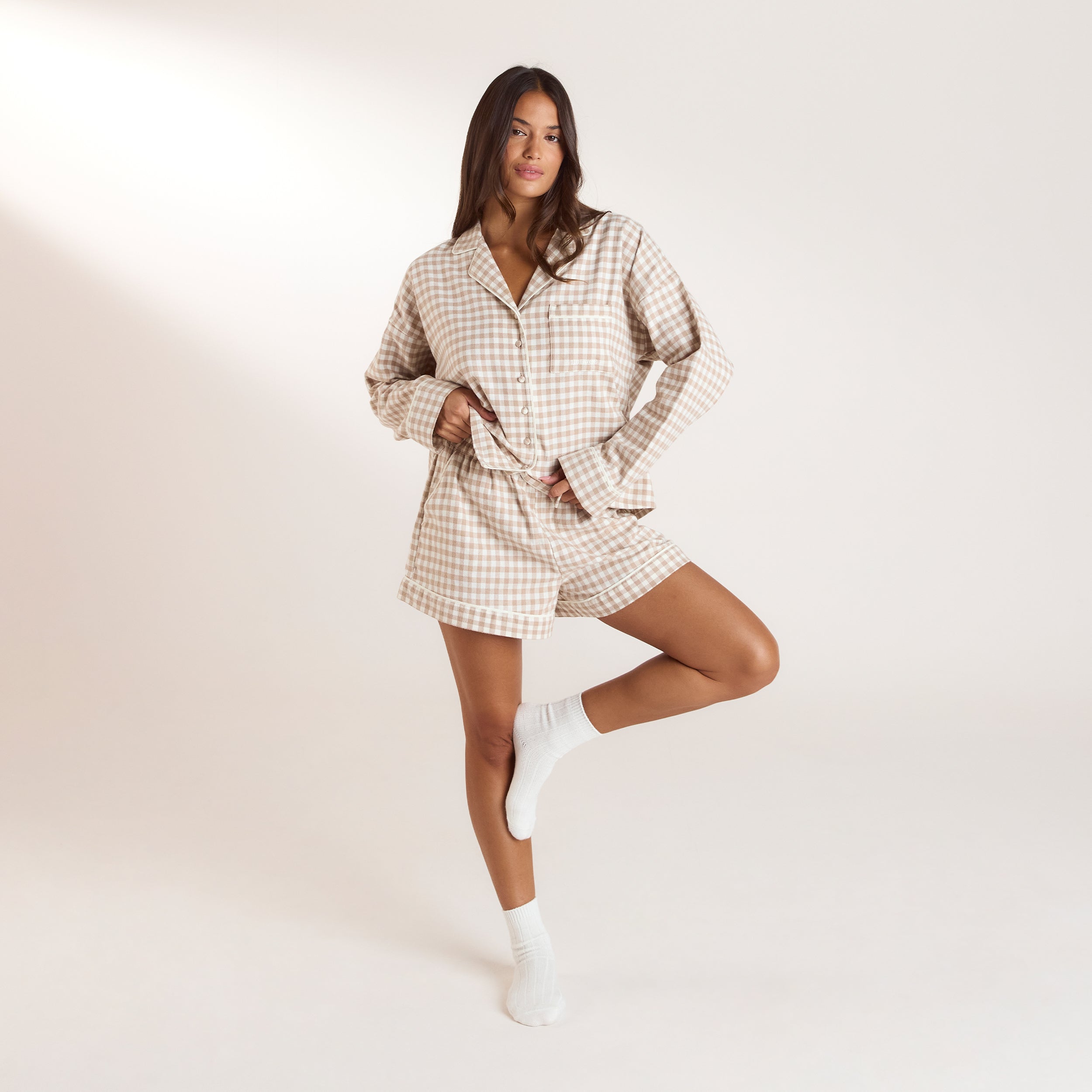 Gingham Pyjama Shirt | Gingham Pajama Shirt - Beige