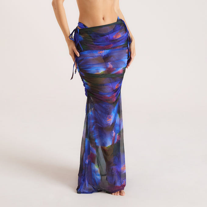 Midnight Tropics Printed Mesh Maxi Skirt - Midnight Blue