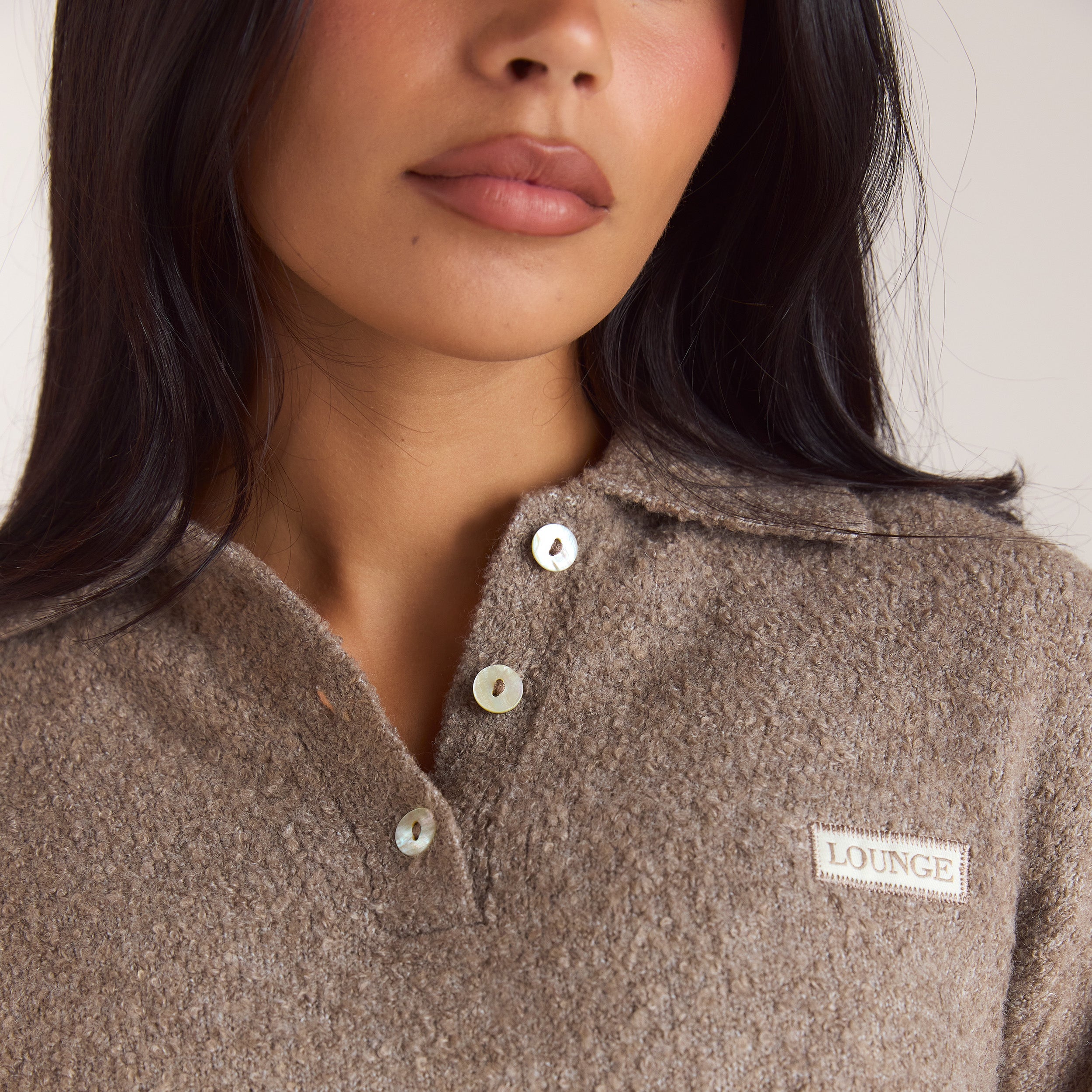Bouclé Knitted Polo Jumper | Bouclé Knitted Polo Jumper - Taupe