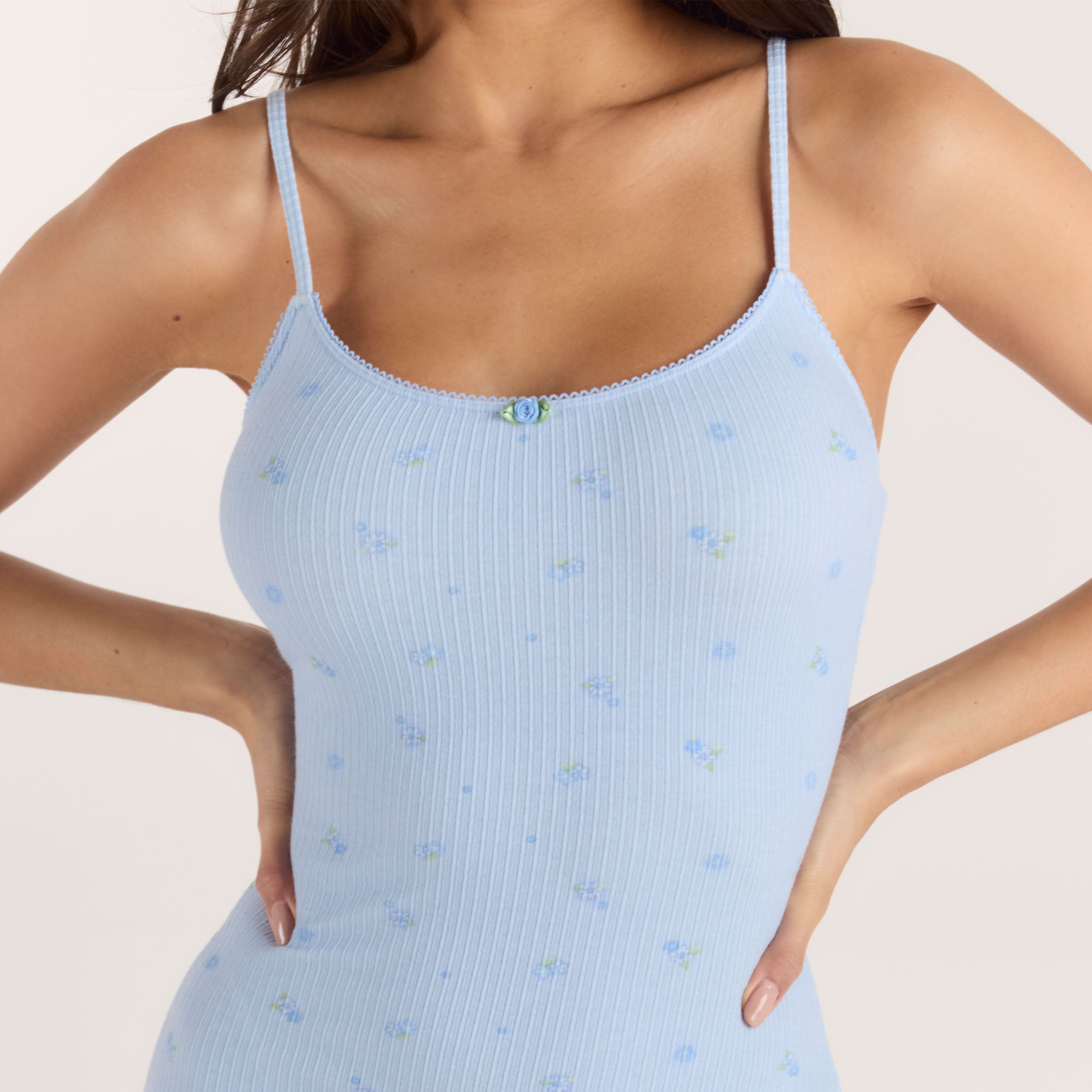 Ribbed Strappy Romper | Ribbed Strappy Romper - Blue Floral