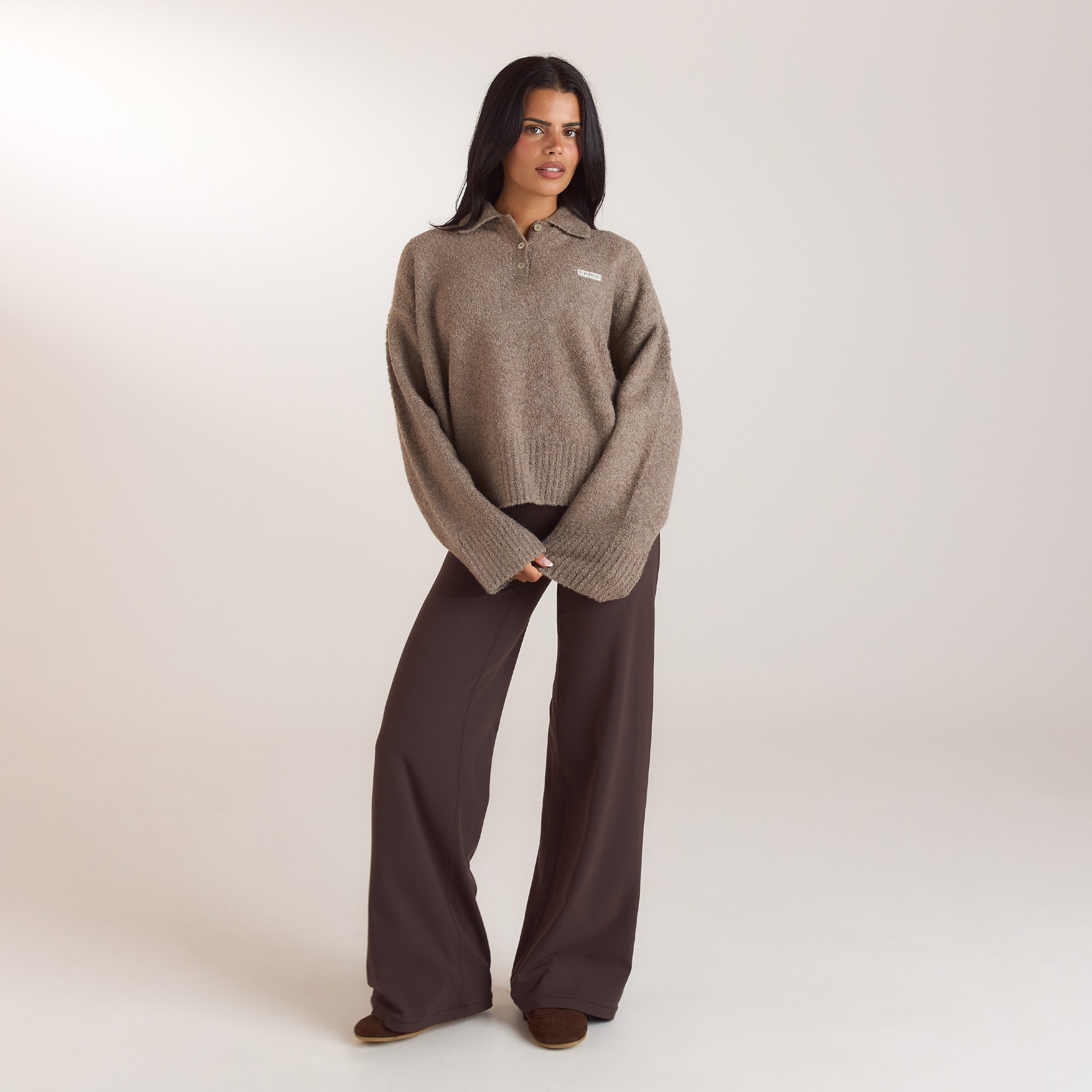 Bouclé Knitted Polo Jumper | Bouclé Knitted Polo Jumper - Taupe