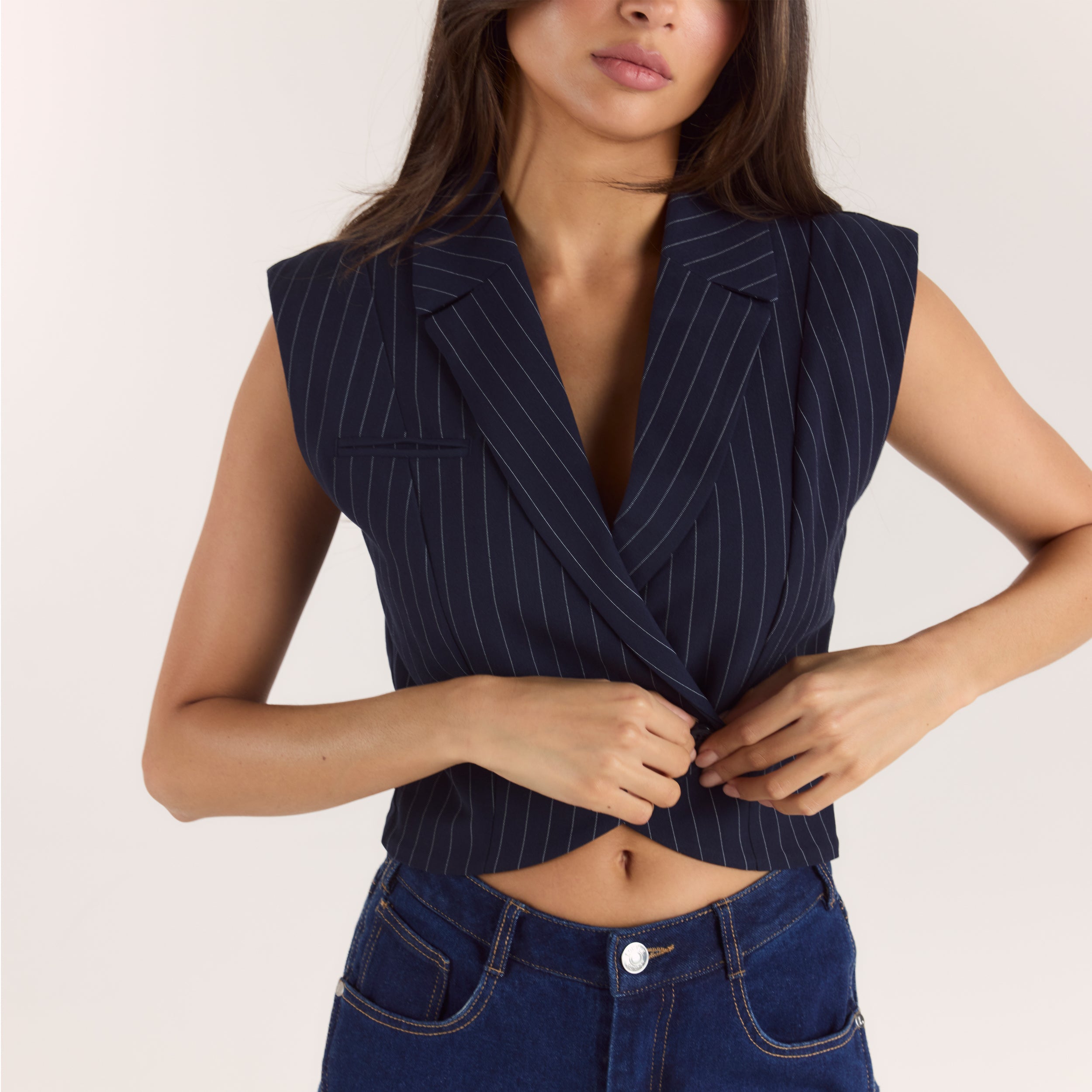 Crossover Waistcoat | Crossover Waistcoat - Navy Pinstripe