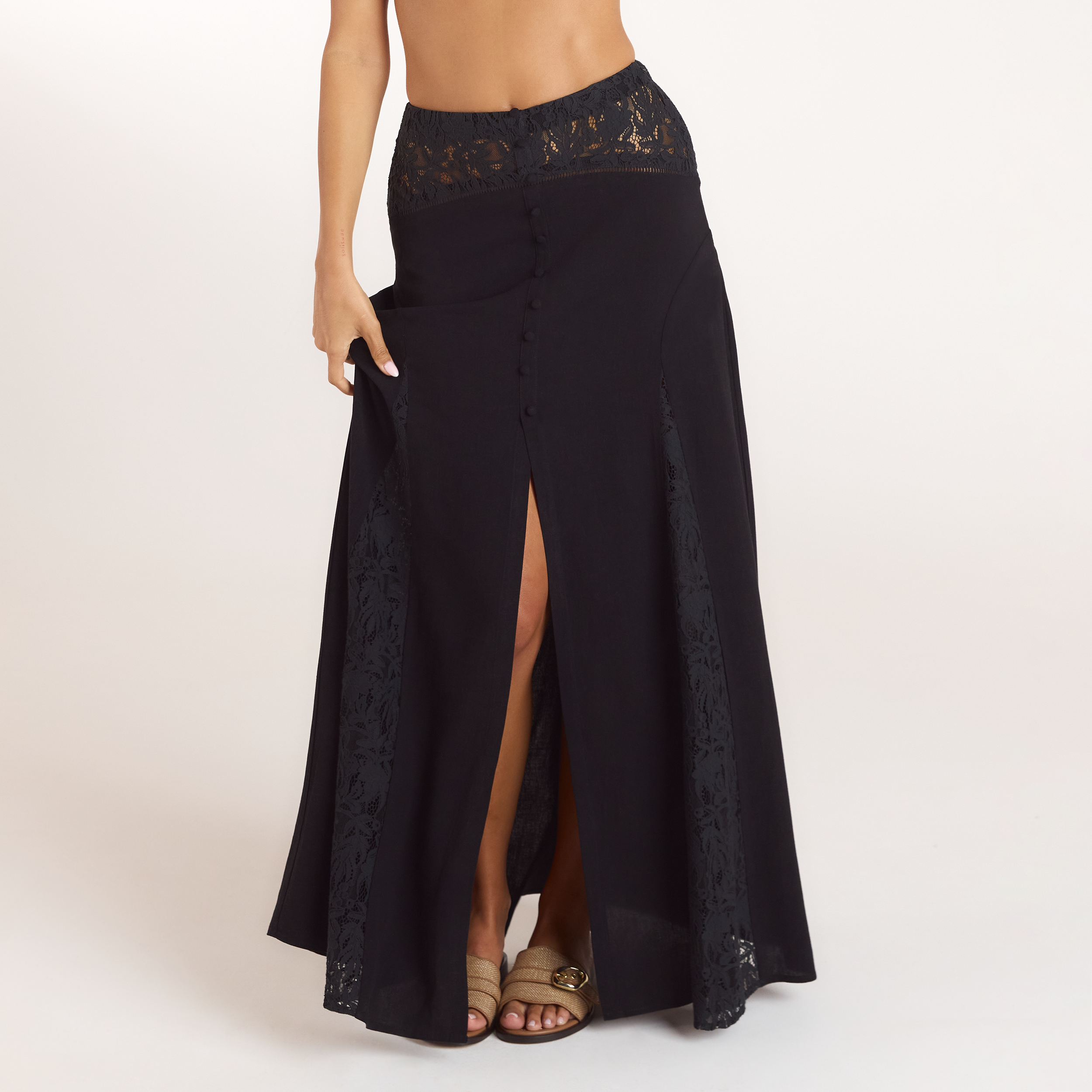 Lace Insert Maxi Skirt - Black