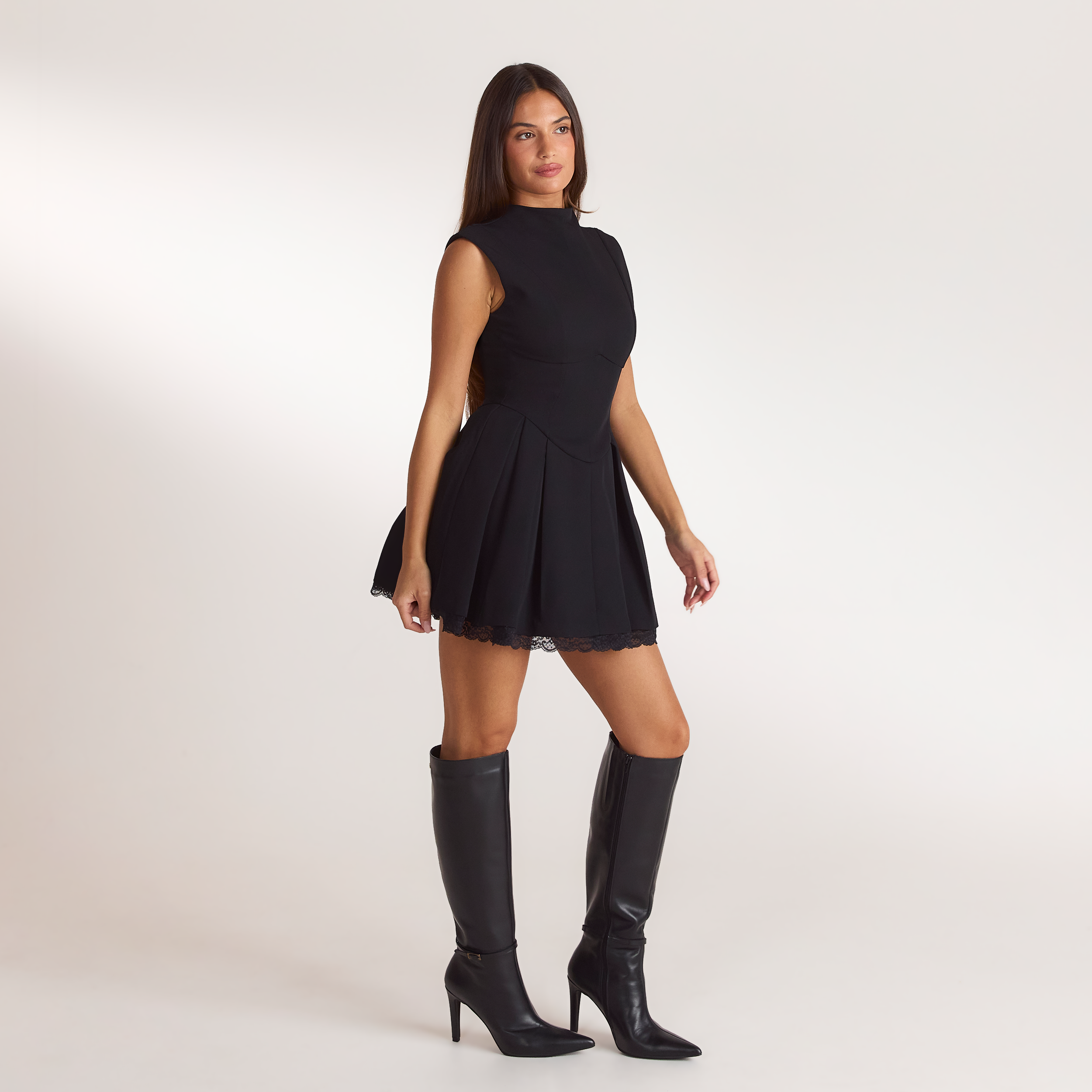 Pleated Cinched Mini Dress | Pleated Cinched Mini Dress - Black