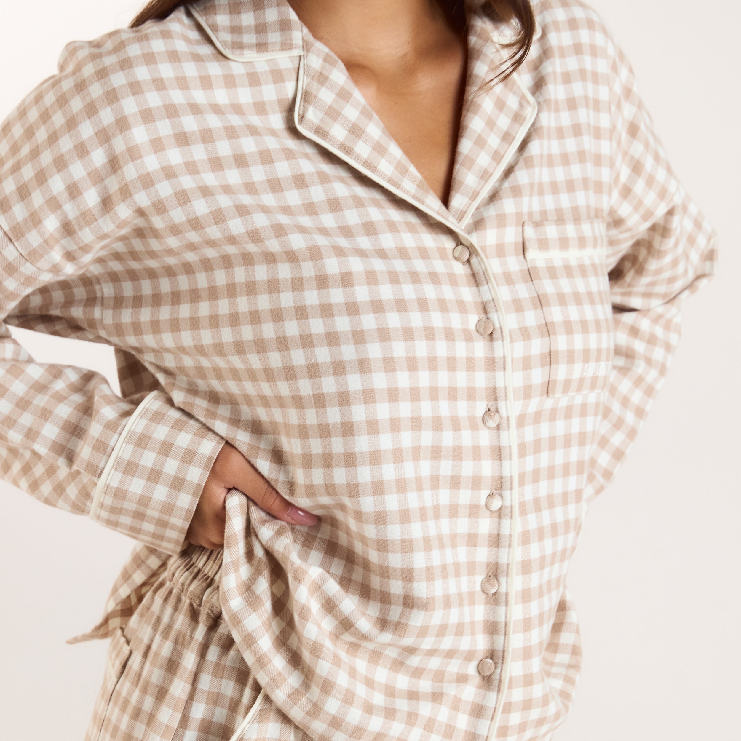 Gingham Pyjama Shirt | Gingham Pajama Shirt - Beige