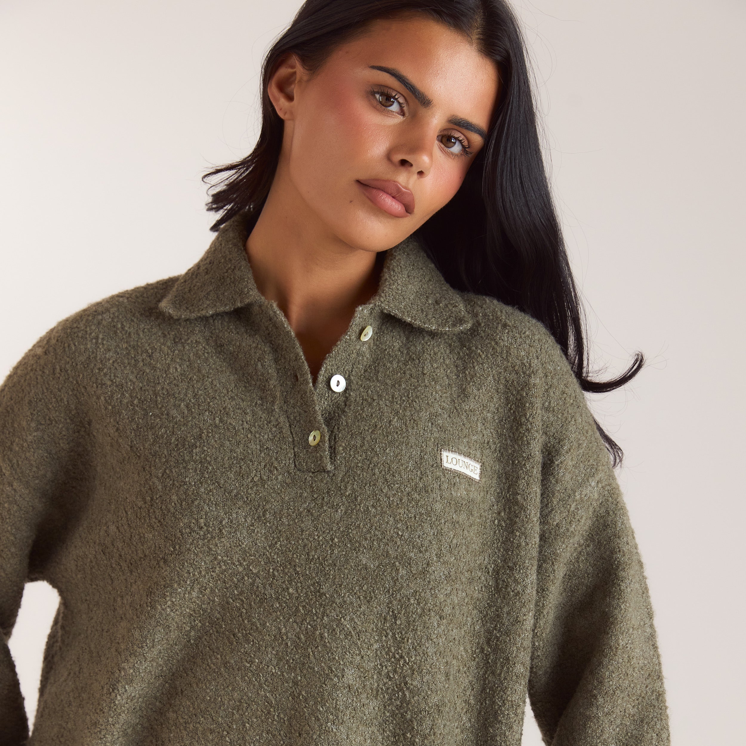 Bouclé Knitted Polo Jumper | Bouclé Knitted Polo Jumper - Khaki
