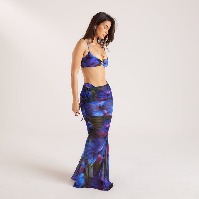 Midnight Tropics Printed Mesh Maxi Skirt - Midnight Blue