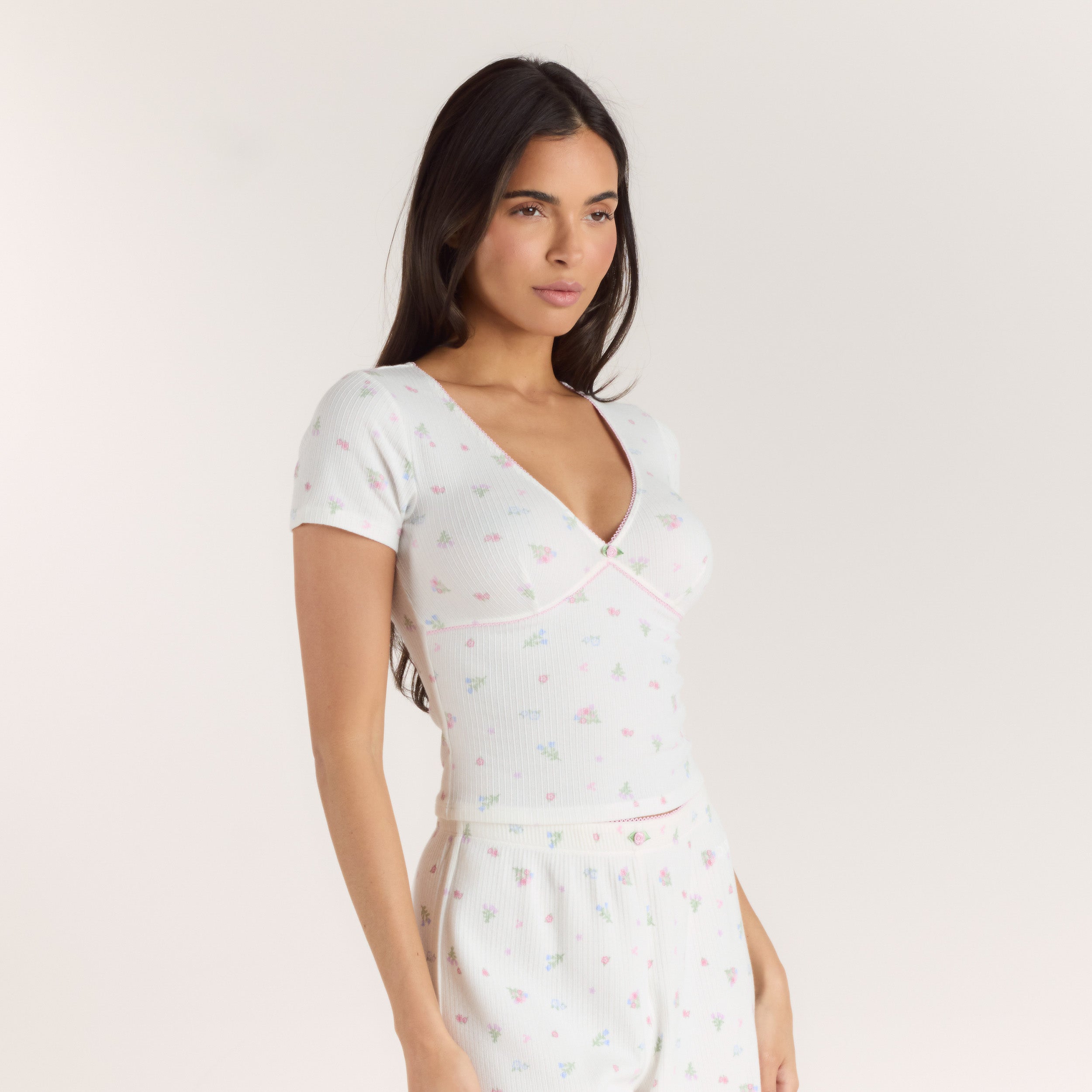 Ribbed Short-Sleeve Pajama Top | Ribbed Short-Sleeve Pajama Top - White Floral