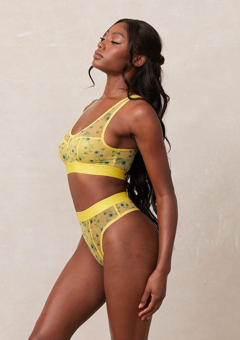 Mustard Yellow Floral Lace Long Bralette with Racerback and Adjustable –  Karmic JuJu