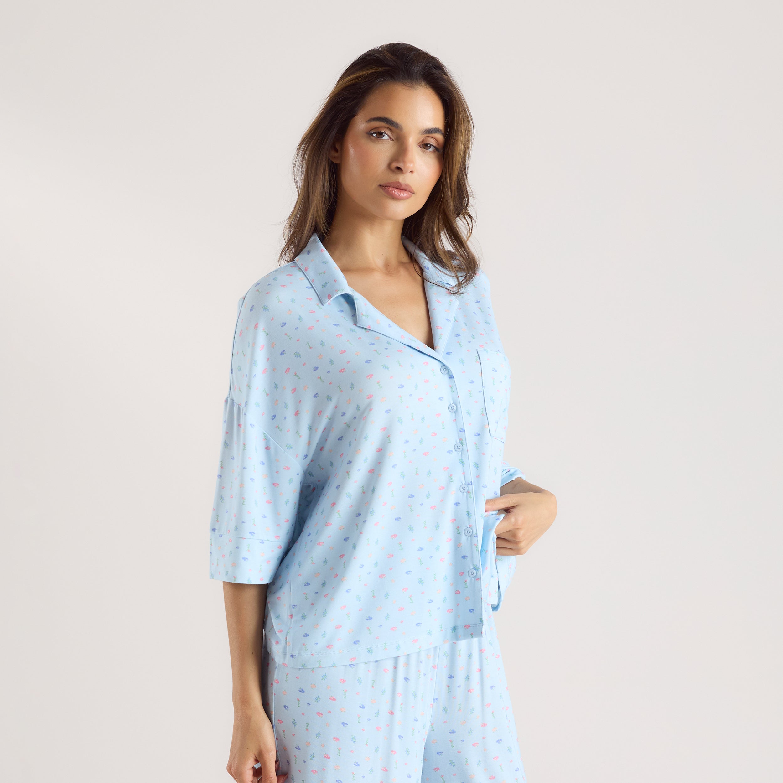 Modal Short Sleeve Pajama Shirt | Modal Short Sleeve Pajama Shirt - Blue Floral