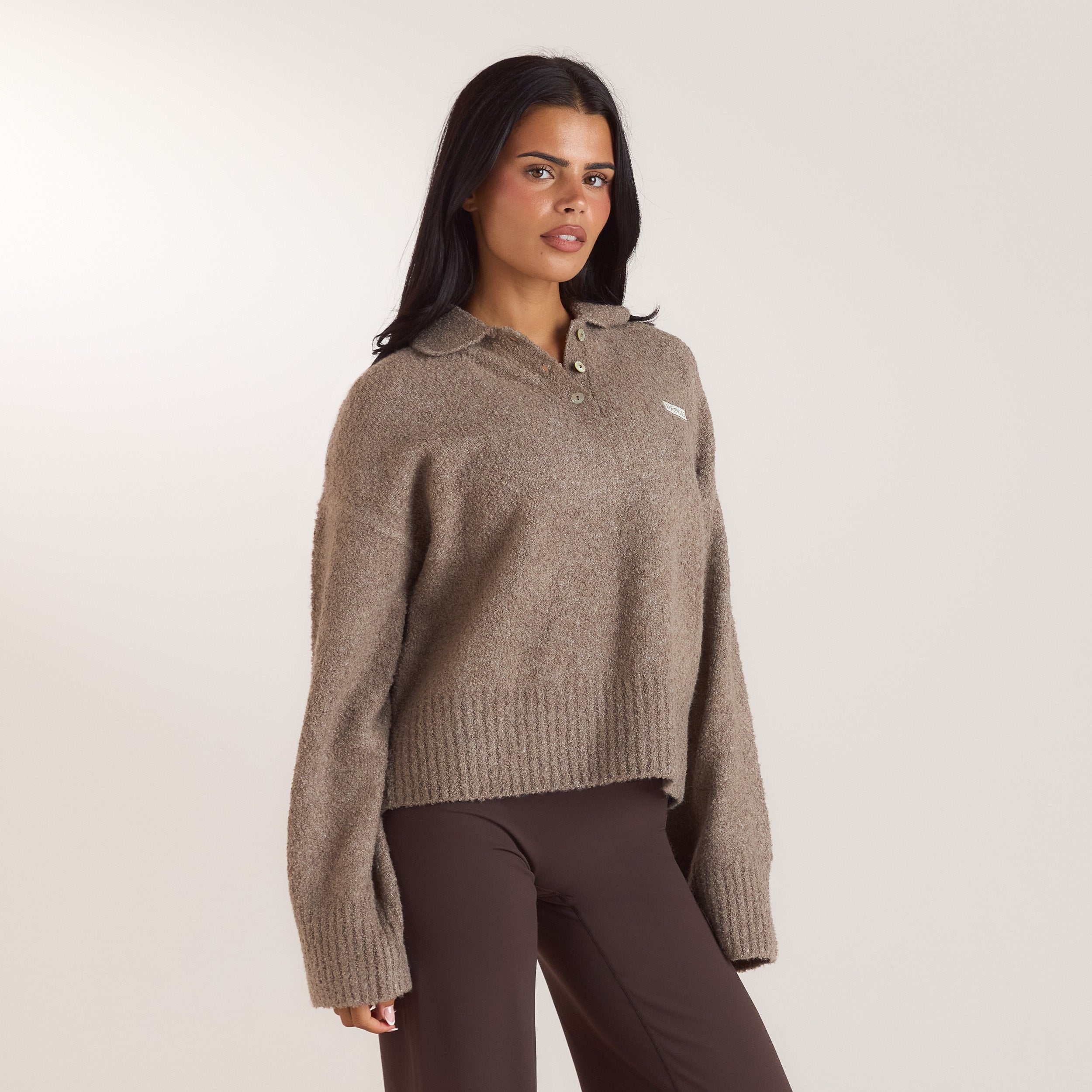 Bouclé Knitted Polo Jumper | Bouclé Knitted Polo Jumper - Taupe