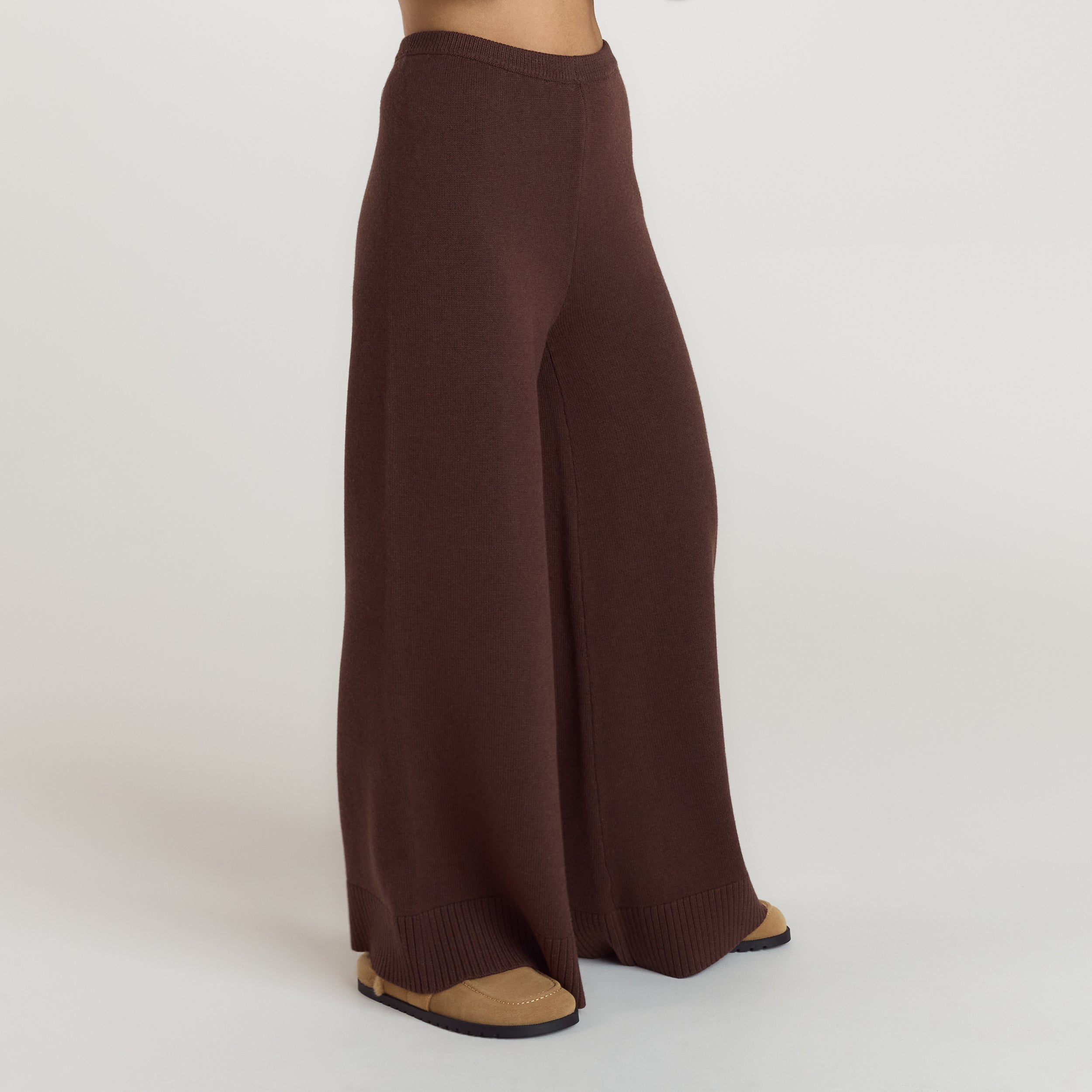 Ribbed Hem Knitted Pants | Ribbed Hem Knitted Trousers - Chocolate