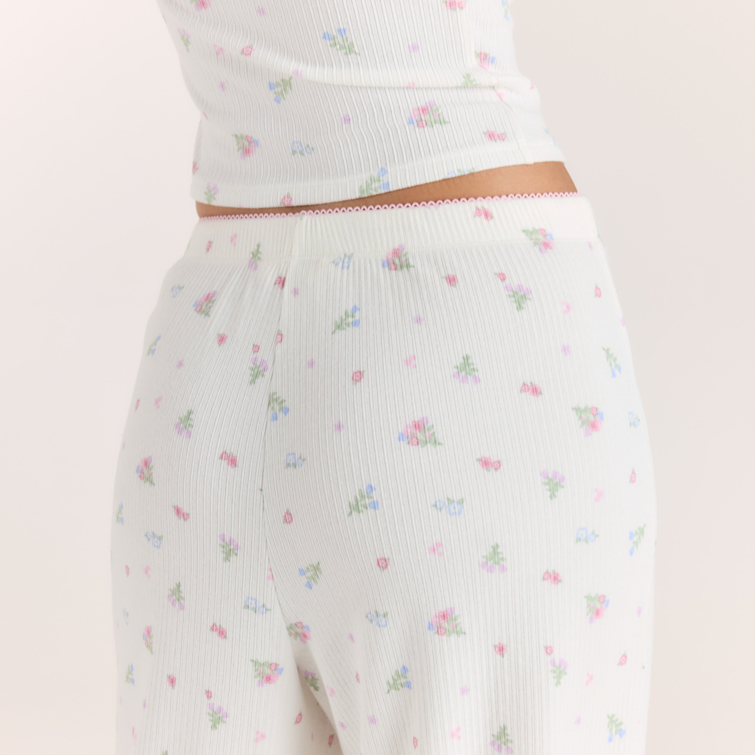 Ribbed Pajama Pants | Ribbed Pajama Pants - White Floral