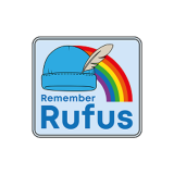 a blue hat with a feather and a rainbow